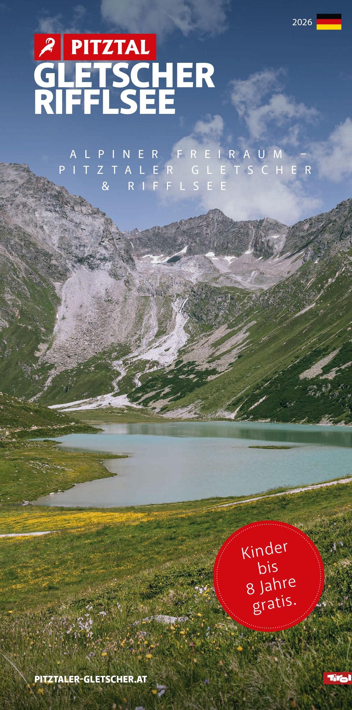A fascinating mountain panorama featuring the Pitztal Glacier and the Riffelsee. In the foreground, a modern observation platform is visible.