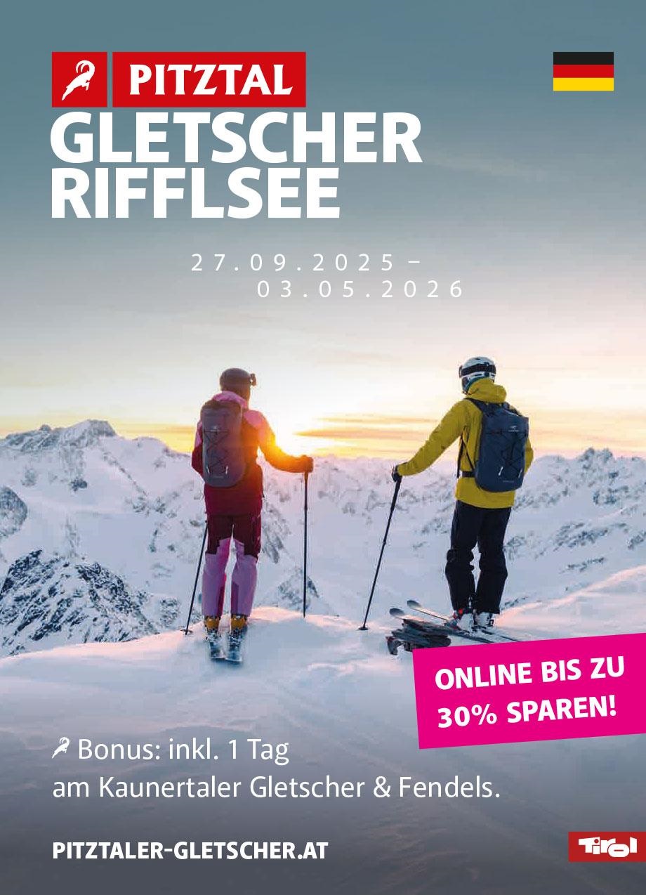 Ein Werbeplakat für den Pitztaler Gletscher mit einem Skifahrer und modernen Gebäuden im Hintergrund. Es werden Sonderangebote und Rabatte für die Wintersaison angegeben.