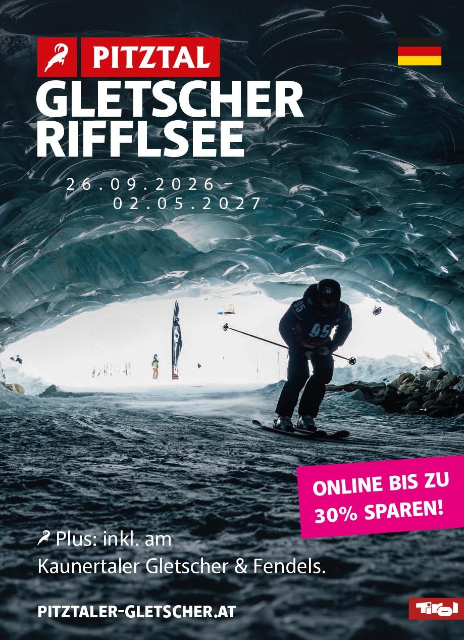 An advertisement poster for the Pitztal Glacier featuring a skier and modern buildings in the background. Special offers and discounts for the winter season are indicated.