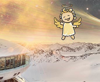 Eine schneebedeckte Berglandschaft mit einem modernen Gebäude im Vordergrund. Ein niedliches Engelchen schwebt über der Szene.