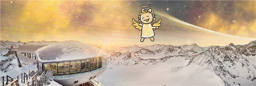 Eine schneebedeckte Berglandschaft mit einem modernen Gebäude im Vordergrund. Ein niedliches Engelchen schwebt über der Szene.