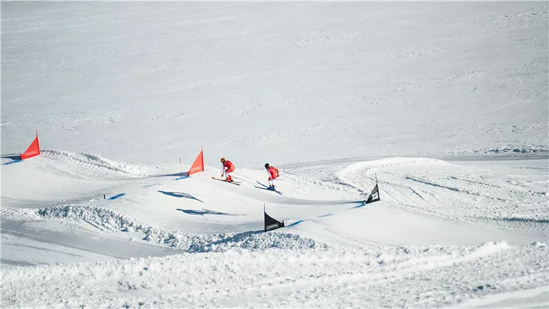 Two snowboarders ride over snow-covered waves in the snow. Red and black flags mark the course.