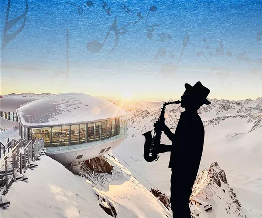 A jazz musician plays the saxophone in front of an impressive mountain landscape. In the background, a modern glass architectural environment can be seen.