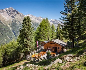 A cozy mountain cabin surrounded by green trees and tall mountains. The bright sky creates an inviting atmosphere.