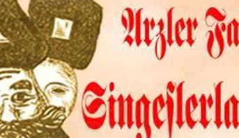 A traditional festival with grotesque masks and historical costumes. The text refers to the event "Singeslerlaufen."