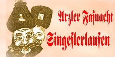 A traditional festival motif featuring two masked figures wearing traditional hats. The text refers to the Arzler Fasnacht and the singing during the celebration.