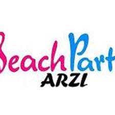 A colorful logo for a beach party. The text "Beach Party ARZI" highlights the joyful theme.