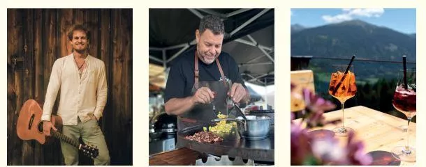 A musician with a guitar smiles at the camera. Next to him, a chef is preparing a dish, and there is a beautiful view of the mountains with cocktails on a table.