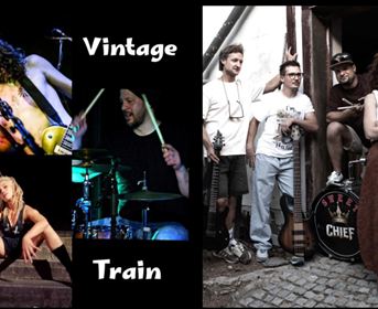 Eine Collage von Musikern in verschiedenen Auftritten. Links sind Bilder von einer Band mit einem Sänger und einem Schlagzeuger, rechts steht eine weitere Gruppe von Musikern neben ihrem Schlagzeug.