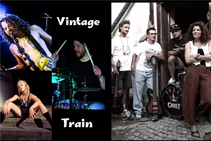 A collage of musicians in various performances. On the left are pictures of a band with a singer and a drummer, on the right stands another group of musicians next to their drums.