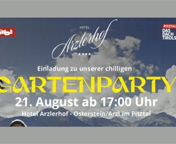 Invitation flyer for a garden party at Hotel Arzlerhof. The event takes place on August 21 at 5:00 p.m.