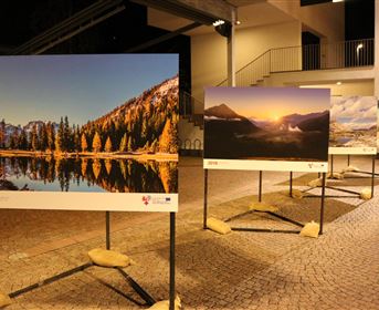 Eine Fotografienausstellung mit mehreren Bildern von Landschaften ist in einem modernen Raum aufgebaut. Die Bilder zeigen Naturansichten mit Bergen, Wäldern und Wasserflächen.