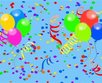 Colorful balloons in various colors float against a blue background. Above them, confetti and colorful snippets fly, creating a festive atmosphere.