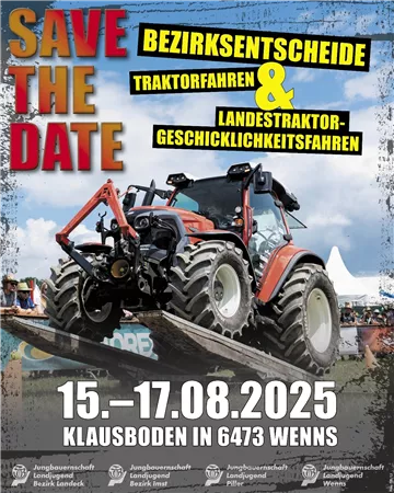 Ein Traktor fährt über ein Hindernis in einer Wettbewerbsveranstaltung. Das Event findet vom 15. bis 17. August 2025 in Klausboden, 6473 Wenns, statt.