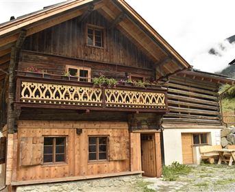 Ein traditionelles Holzhaus mit einem Balkon und Blumenkübeln. Umgeben von Natur und Bergen wirkt es einladend und gemütlich.