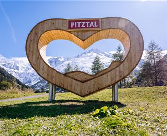 A large wooden house in the shape of a heart stands in a green meadow. In the background, snow-covered mountains and a blue sky can be seen.