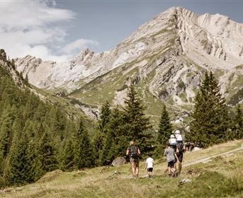 A typical house in a natural environment with rocks in the background. The area is green and surrounded by trees.
