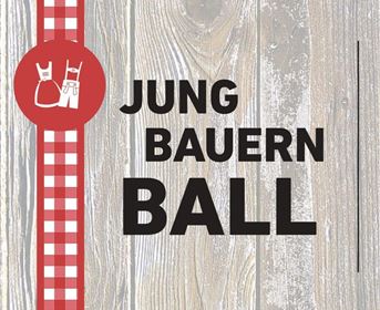 A colorful flyer for the Young Farmers' Ball with a rustic wood look. The focus is on stylized traditional costumes and the inscription "Young Farmers' Ball."
