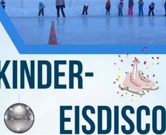 A group of children is standing on an ice surface. Nearby, there is a traffic obstacle and decorative elements suggest a children's ice disco.