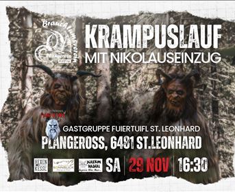 Eine Veranstaltung zum Krampuslauf mit Nikolausumzug. Das Plakat zeigt furchterregende Krampus-Kostüme in einem Waldsetting.