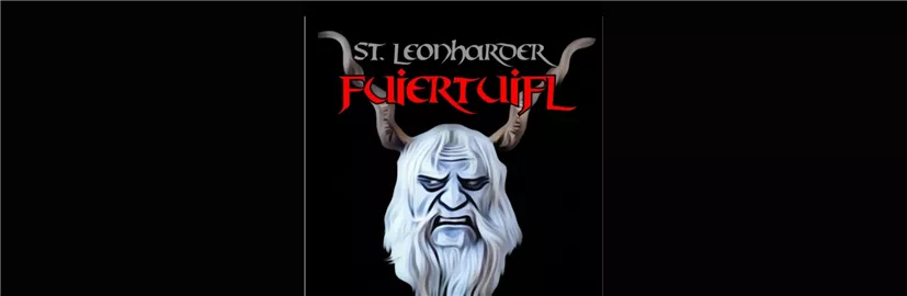 Ein stilisierter Kopf mit weißem Bart und Hörnern auf schwarzem Hintergrund. Darüber steht "St. Leonharder Fuirtüfl" in roter Schrift.