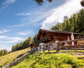 Ein traditionelles Chalet in den Bergen, umgeben von grünen Wiesen und Bäumen. Der Himmel ist blau mit weißen Wolken, und es sind einige Menschen in der Nähe.