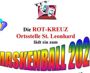 Ein bunten Flyer für den Maskenball 2026 des ROT-KREUZ St. Leonhard. Er zeigt Luftballons, Geister und Masken, die die festliche Stimmung unterstreichen.
