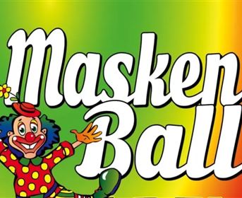 A colorful clown with a cheerful demeanor is surrounded by bright colors. The text "Masquerade Ball" is in the foreground, conveying fun and festivity.