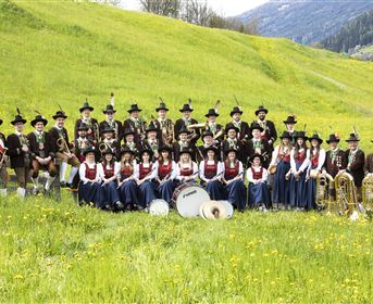A group of musicians in traditional attire stands on a green meadow. The landscape in the background features mountains and a clear sky.