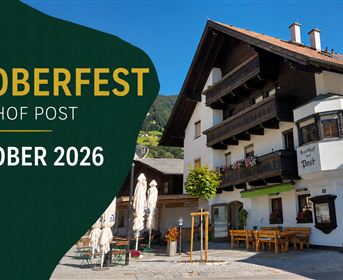 An inviting inn with traditional architecture and a beautiful surrounding. The image promotes the Oktoberfest at the Gasthof Post on October 3, 2026.