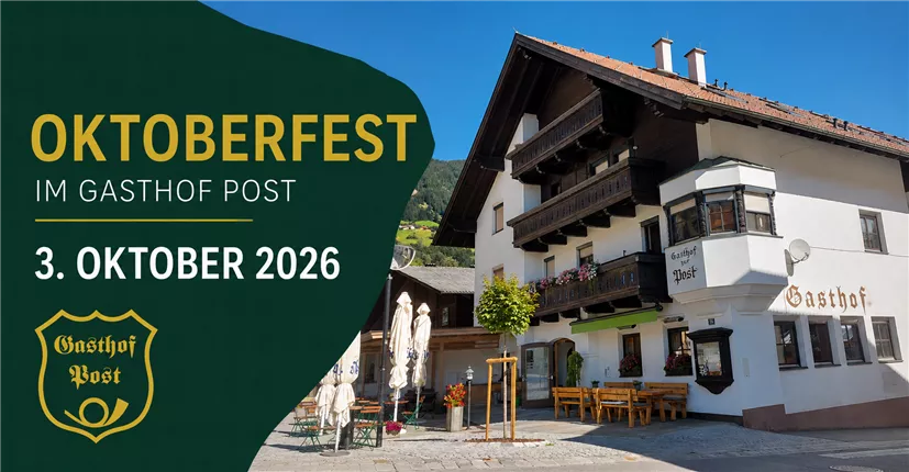 Ein einladendes Gasthaus mit traditioneller Architektur und einer schönen Umgebung. Das Bild bewirbt das Oktoberfest im Gasthof Post am 3. Oktober 2026.