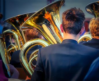 Eine Gruppe von Musikern mit großen, glänzenden Tubas ist zu sehen. Die Rücken der Spieler sind im Fokus, während die Instrumente im Vordergrund strahlen.