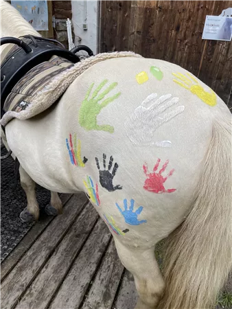 A horse with colorful handprints on its hindquarters stands on a wooden walkway. In the background, a barn can be seen.