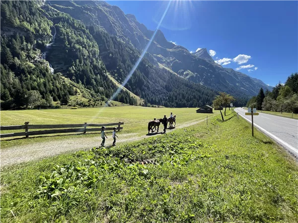 A beautiful landscape with green meadows and tall mountains. A group of people is on a path.