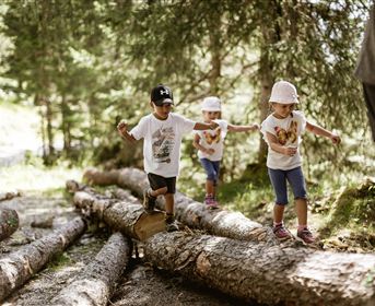 Ein typisches Haus in einer natürlichen Umgebung mit Felsen im Hintergrund. Der Bereich ist grün und von Bäumen umgeben.