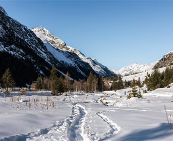 Eine winterliche Landschaft mit schneebedeckten Bergen und einem klaren blauen Himmel. Fußspuren führen durch den frischen Schnee.
