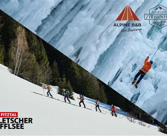 An exciting mountain landscape with ice caves and snow-covered slopes. A group of hikers is exploring the impressive nature.