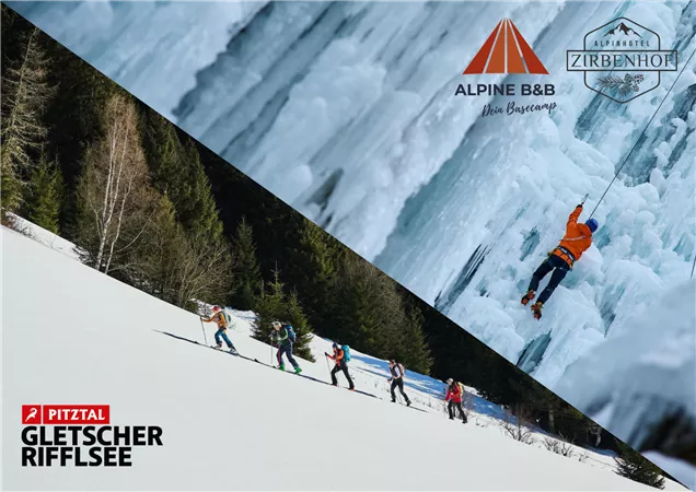 Eine aufregende Berglandschaft mit Eishöhlen und schneebedeckten Hängen. Eine Gruppe von Wanderern erkundet die beeindruckende Natur.