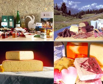 Ein collageartiges Bild mit verschiedenen Käsesorten, Wurst und lokalen Spezialitäten. Im Hintergrund ist eine schöne Landschaft mit Bergen und blue sky.