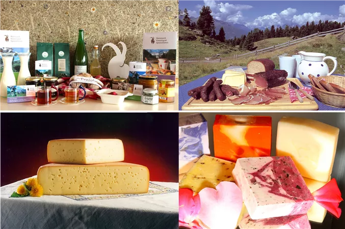 Ein collageartiges Bild mit verschiedenen Käsesorten, Wurst und lokalen Spezialitäten. Im Hintergrund ist eine schöne Landschaft mit Bergen und blue sky.