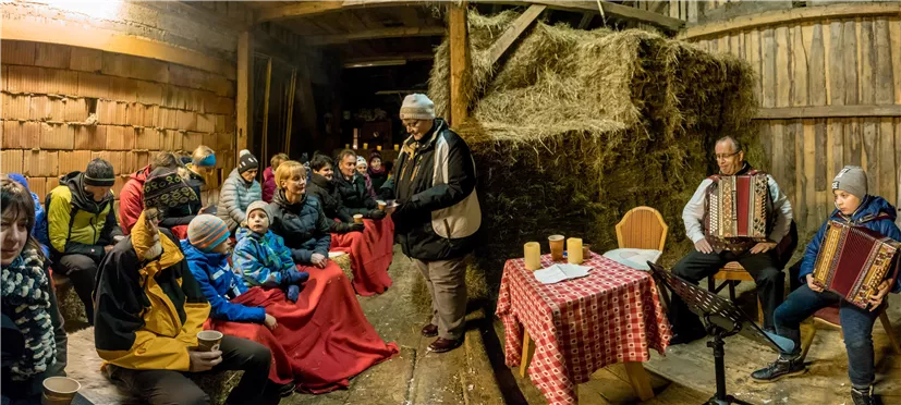 Eine Gruppe von Menschen sitzt in einer warmen, rustikalen Umgebung. Zwei Musiker spielen Akkordeon, während die Zuhörer gespannt zuhören.