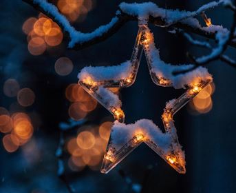 Ein leuchtender Weihnachtsstern hängt an einem Ast, der mit Schnee bedeckt ist. Im Hintergrund sind unscharfe Lichter zu sehen, die eine festliche Stimmung erzeugen.