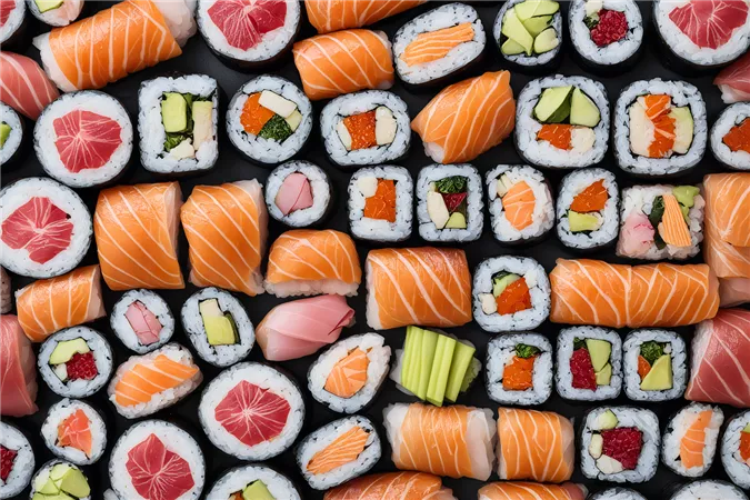 A colorful selection of sushi rolls is laid out on a black background. The variety ranges from tuna and salmon to vegetables and other fillings.