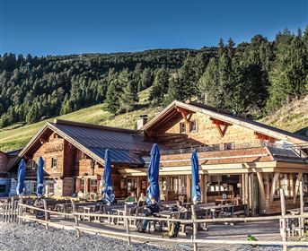 Ein malerisches Berghaus mit Holzfassade und Terrasse. Umgeben von grünen Wäldern und einer klaren Himmel.