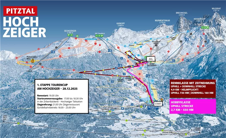 Eine Karte des Skigebiets Pitztal Hochzeiger mit verschiedenen Pisten und deren Schwierigkeitsgraden. Die wichtigsten Informationen zum Rennen sind deutlich hervorgehoben.