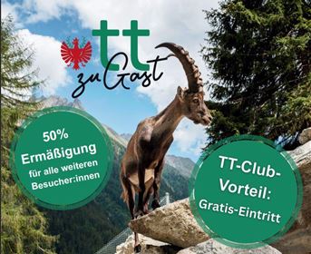 Ein Steinbock steht majestätisch auf einem Felsen in den Bergen. Im Vordergrund sind Informationen zu Ermäßigungen und einem Club-Vorteil angezeigt.