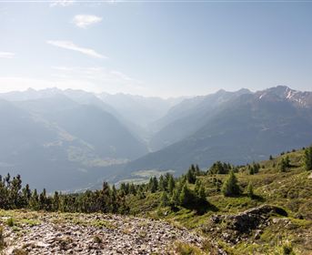 An impressive mountain landscape with gentle hills and a clear sky. In the background, the majestic mountains can be seen.