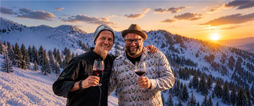 Two men are standing in the snow holding a glass of red wine in their hands. In the background, the sun is shining over snow-covered mountains.