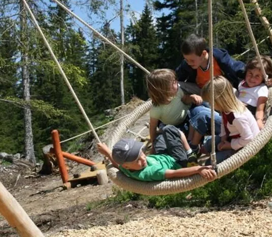 An outdoor swing with several children playing together. In the background, there are trees and a natural environment visible.