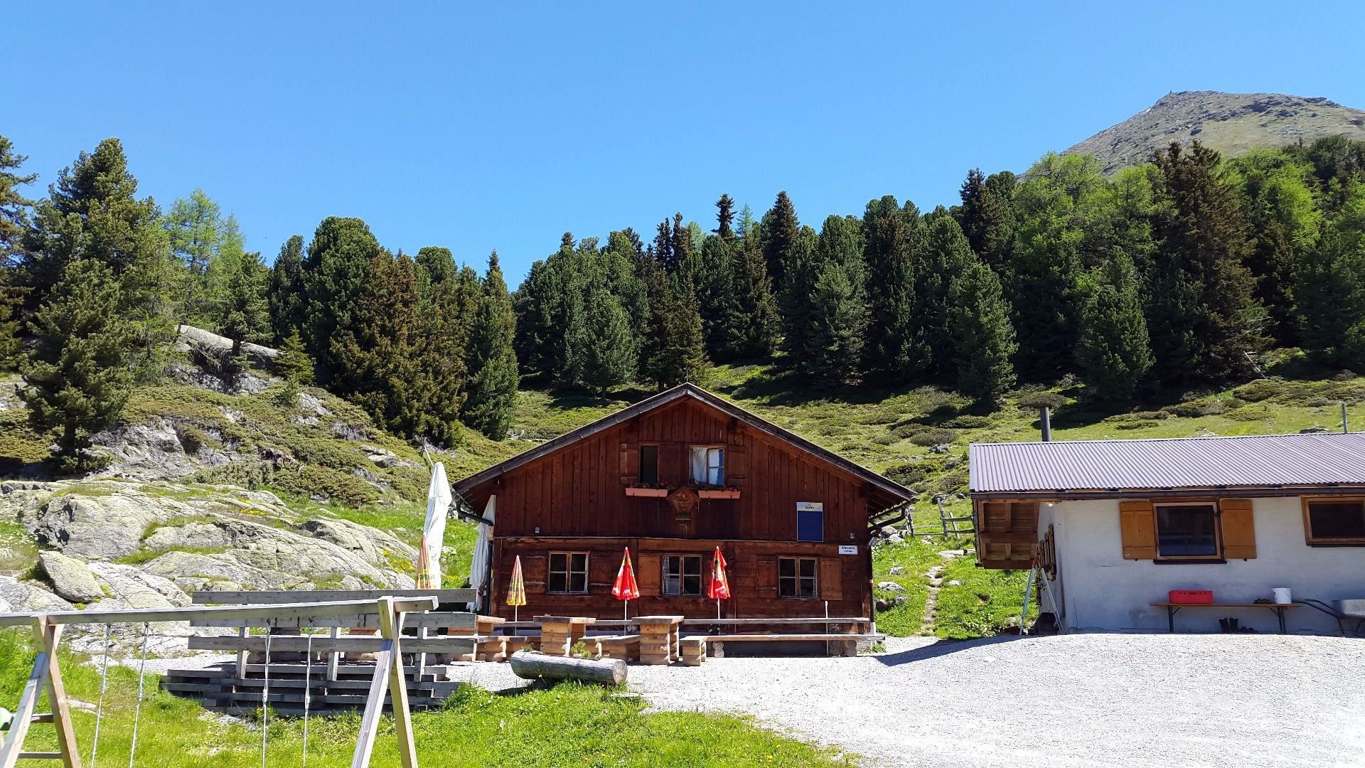 A cozy mountain cabin with a wooden facade and red umbrellas. Surrounded by green trees and a picturesque landscape.